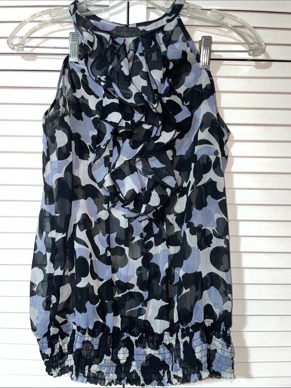 Ruffle Front Sleeveless Printed Top - Black & Light Blue, Grey
